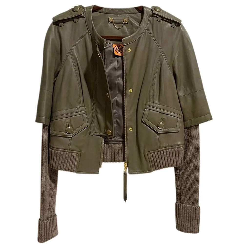 TORY BURCH Green Lambskin & Sweater-Sleeved Biker Jacket Sz XS